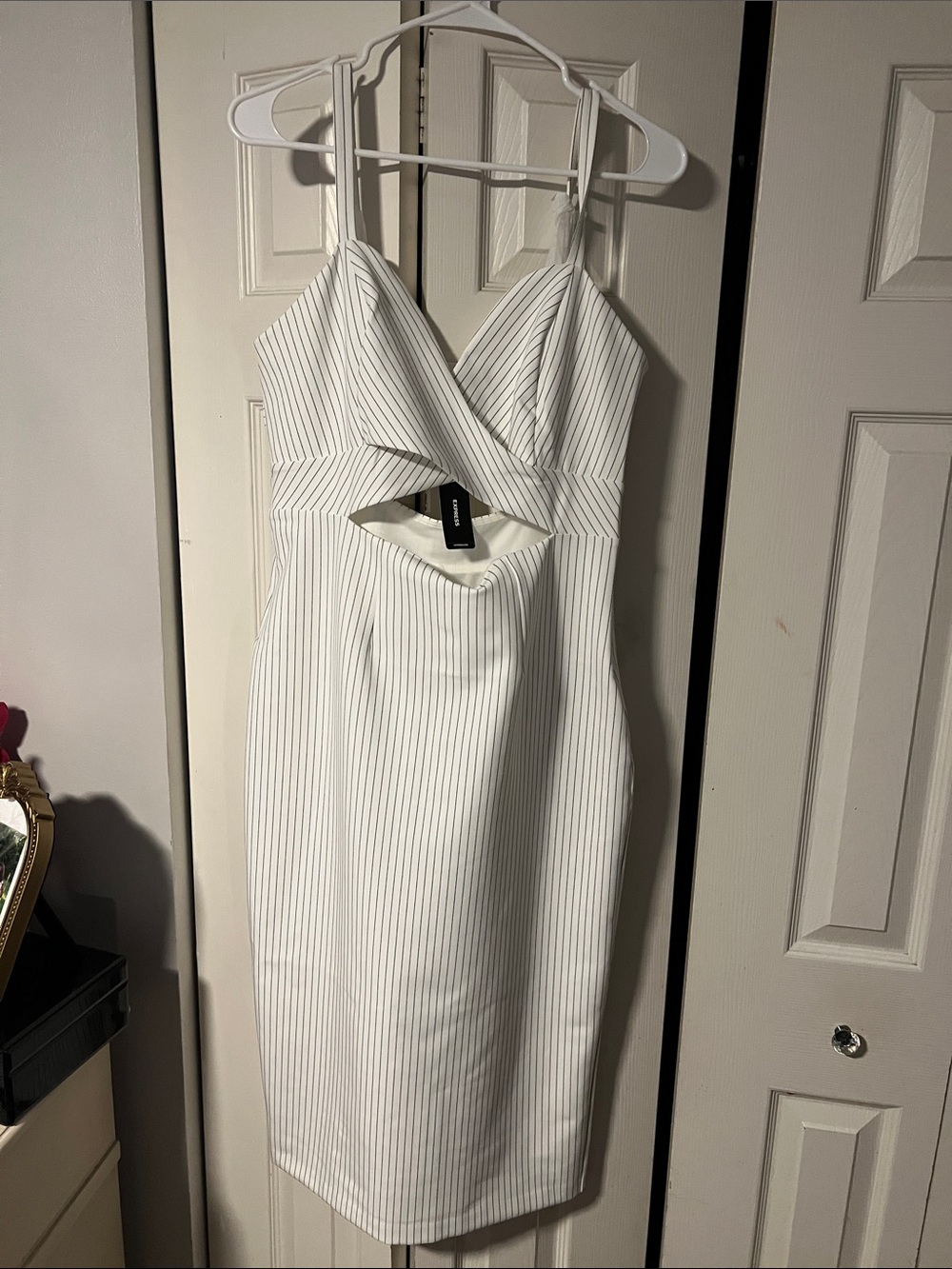 Express White Pinstripe Midi Dress with Front Cutout